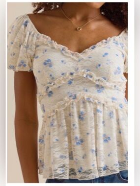 Altar'd State Ivory Lace Top with Blue and Tan Floral